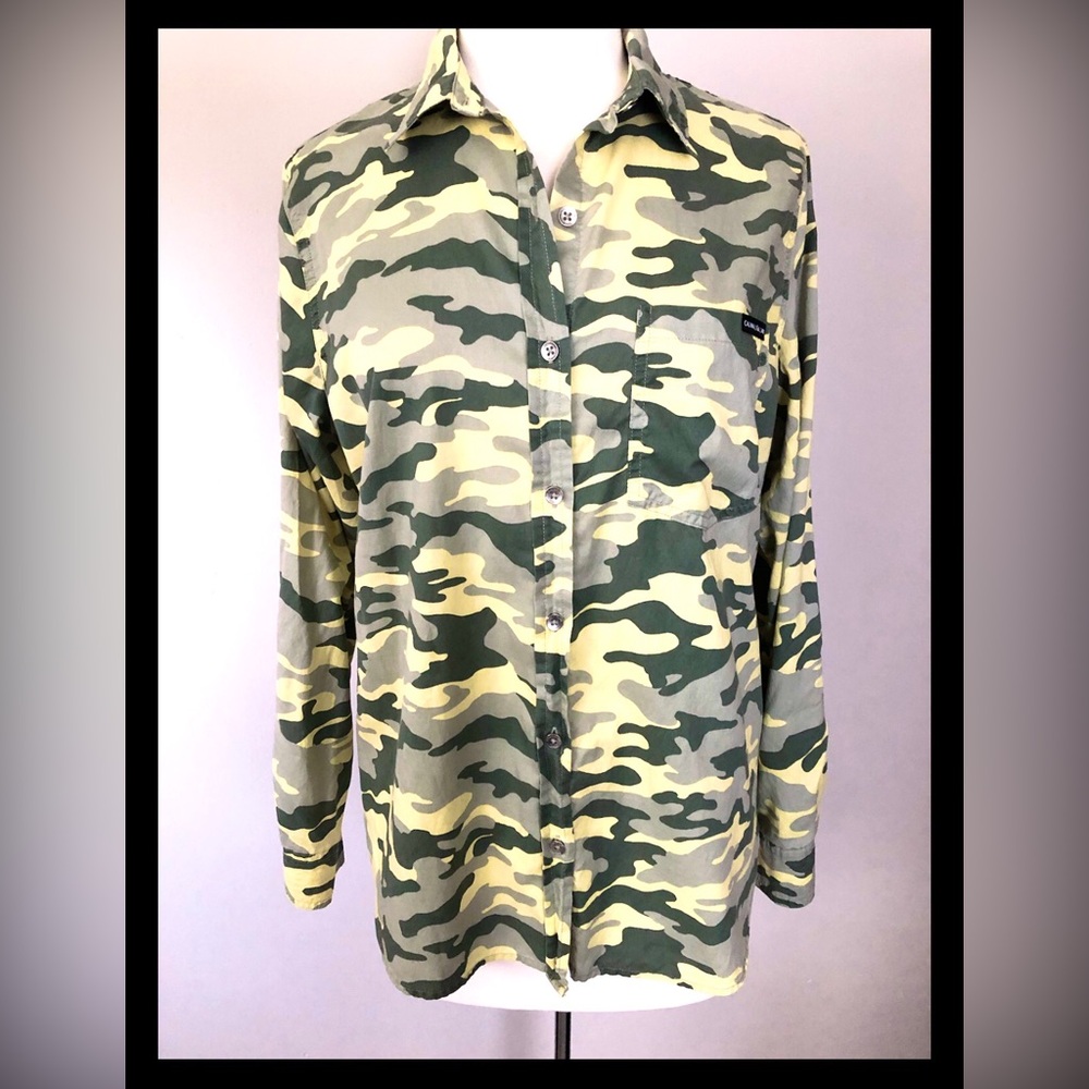Calvin Klein Camouflage Utility Shirt Shacket Pocket L Long or 3/4 Roll Tab EUC